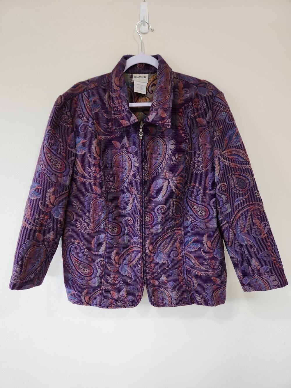 Vintage BonWorth Purple Paisley Tapestry Zip Up Jacket XL PETITE